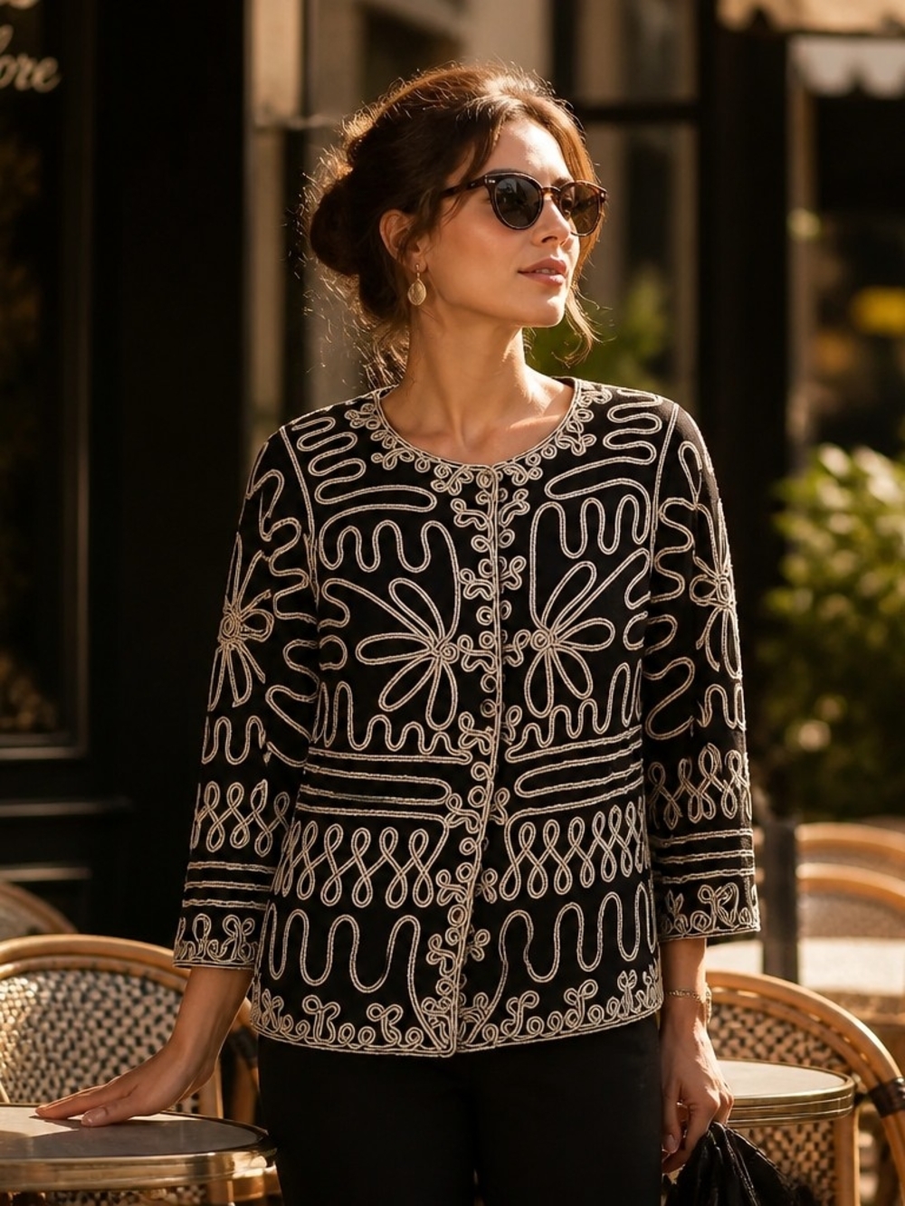 Lauren Michelle Black Sweater Cardigan with Cream Embroidery